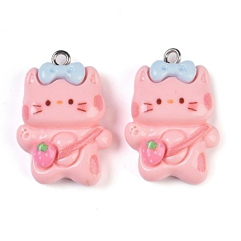 Cat Shape Resin Pendants, with Platinum Iron Loops, Pink, 23x19.5x8mm, Hole: 2mm