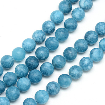 Natural White Jade Bead Strands, Dyed, Frosted, Round, Steel Blue, 8~9mm, Hole: 1mm, about 46~48pcs/strand, 14.9 inch
