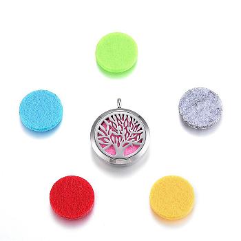 316 Surgical Stainless Steel Diffuser Locket Pendants, with Perfume Pad and Magnetic Clasps, Flat Round with Tree of Life, Mixed Color, 36.5x30x6.5~7mm, Hole: 5mm