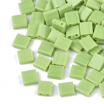 2-Hole Opaque Glass Seed Beads, Rectangle, Light Green, 5x4.5~5.5x2~2.5mm, Hole: 0.5~0.8mm