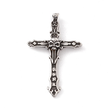 304 Stainless Steel Pendants, Cross with Skull, Antique Silver, 54.5x35x9mm, Hole: 5.5x3mm