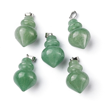 Natural Green Aventurine Pendants, Pointed Bottle Charms, with Platinum Plated Iron Snap on Bails, 32.5~35x16~17mm, Hole: 3x5.5mm