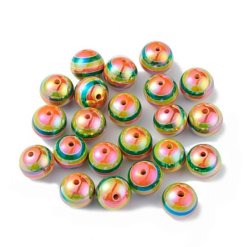 Opaque Acrylic Beads, AB Color, Round with Stripe Pattern, Colorful, 15.8x14mm, Hole: 2.3mm