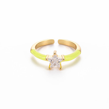 Brass Enamel Cuff Rings, Open Rings, Solitaire Rings, with Clear Cubic Zirconia, Nickel Free, Star, Golden, Yellow, US Size 7(17.3mm)