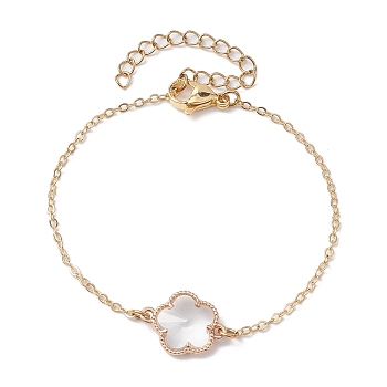 Plum Blossom Flower Glass Link Chain Bracelets, Brass Cable Chain Bracelets for Women, Golden, 6-1/2 inch(16.5cm)