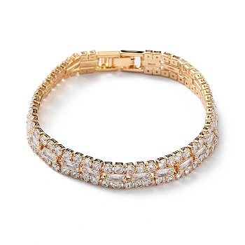 Brass Micro Pave Cubic Zirconia Chain Bracelets for Women, with Fold Over Clasps, Clear, 7-3/8x1/4 inch(18.8x0.75cm)