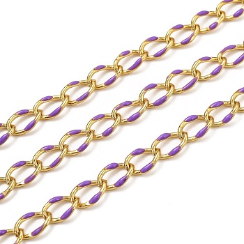 Brass Curb Chains, with Enamel, Spool, Long-Lasting Plated, Soldered, Golden, Purple, Link: 10.3x7x1.25mm