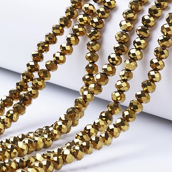 Electroplate Transparent Glass Beads Strands, Full Plated, Faceted, Rondelle, Golden Plated, 2.5x2mm, Hole: 0.4mm, about 150~155pcs/strand, 32~33cm