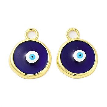 Rack Plating Brass Enamel Pendants, Long-Lasting Plated, Real 18K Gold Plated, Cadmium Free & Lead Free, Flat Round with Evil Eye Charm, Prussian Blue, 28x22x4mm, Hole: 4.7mm