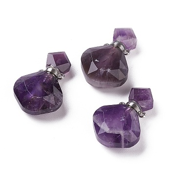 Rhombus Natural Amethyst Perfume Bottle Pendants, with 304 Stainless Steel Findings, Faceted, Stainless Steel Color, 26~27x17~17.5x8~8.5mm, Hole: 1.4mm, Capacity: about 2ml(0.06 fl. oz)