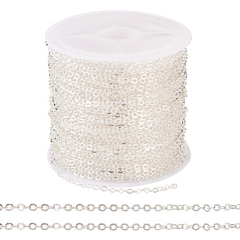 Brass Coated Iron Flat Cable Chains, Soldered, with Spool, Flat Oval, Silver, 2x1.5x0.3mm, about 32.81 Feet(10m)/Roll