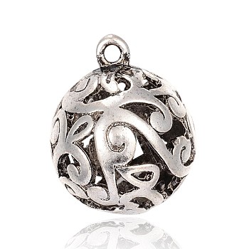 Hollow Round Tibetan Style Alloy Pendants, Antique Silver, 29x23mm, Hole: 2mm