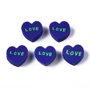 Handmade Polymer Clay Beads, Heart with Word Love, Dark Blue, 8~8.5x9~9.5x4.5mm, Hole: 1.8mm