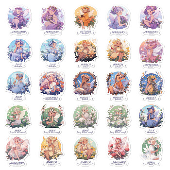 50Pcs Waterproof PVC Month Fairy Stickers Set, Adhesive Label Stickers, for Water Bottles, Laptop, Luggage, Cup, Computer, Mobile Phone, Skateboard, Guitar Stickers, Mixed Color, 52.6x45mm