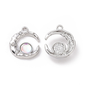 Alloy Pendants, with Crystal Rhinestone and Plastic Beads, Moon, Platinum, 20x16x5mm, Hole: 1.6mm
