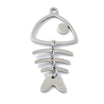 304 Stainless Steel Pendants, Laser Cut, Fishbone Charm, Stainless Steel Color, 40x19.5x1mm, Hole: 1.5mm