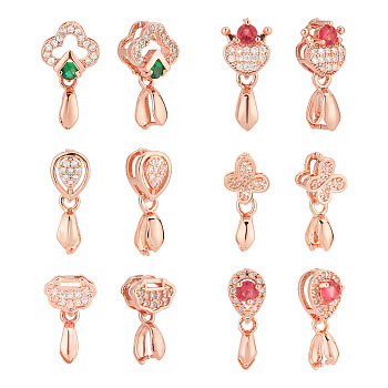 12Pcs 6 Style Long-Lasting Plated Brass Micro Pave Cubic Zirconia Ice Pick Pinch Bails, Flower/Heart/Teardrop/Butterfly/Longevity Lock, Rose Gold, 15~20mm, Hole: 2x4~6mm, Pin: 0.6~1mm, 2pcs/style