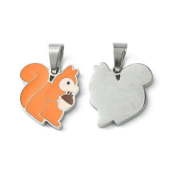 304 Stainless Steel Manual Polishing Charms, with Enamel and 201 Stainless Steel Clasp, Squirrel, Stainless Steel Color, 15x14.5x1.5mm, Hole: 3x5.5mm