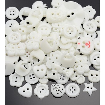 Dyed Mixed Shapes and Mixed Size Acrylic Buttons, for Art Button Craft Button Ornament, White, 10~16x11~16x2~3mm, Hole: 2mm