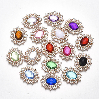 Alloy Cabochons, with Acrylic Rhinestone and Glass Rhinestone, Faceted, Oval, Light Gold, Mixed Color, 28x24x4mm