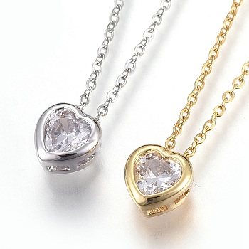 304 Stainless Steel Pendant Necklaces, with Brass Cubic Zirconia Pendant, Heart, Clear, Mixed Color, 17.6 inch(45cm), Pendant: 7x7x4mm