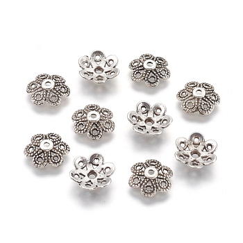 Tibetan Style Alloy Bead Caps, Lead Free & Nickel Free & Cadmium Free, Flower, Antique Silver, about 12.5mm long, 12.5mm wide, 4mm thick, hole: 1.5mm