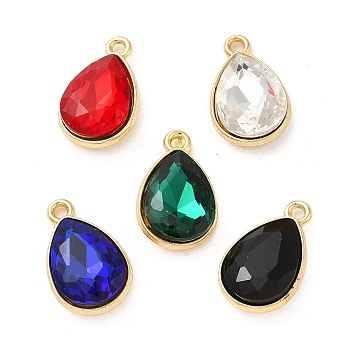 Rack Plating Alloy Glass Pendants, Faceted Teardrop Charms, Mixed Color, 24x15x6.5mm, Hole: 2.2mm