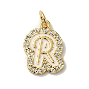 Brass Micro Pave Cubic Zirconia Pendants, with Jump Rings, Real 18K Gold Plated, Letter R, 19x13x2mm, Hole: 3.8mm