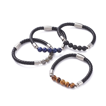 Unisex Leather Cord Bracelets, with Natural Gemstone Round Beads, 304 Stainless Steel Magnetic Clasps and Rondelle Beads, with Cardboard Packing Box, 8-1/8 inch(20.5cm)