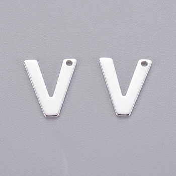 201 Stainless Steel Charms, Letter, Silver Color Plated, Letter.V, 11x9x0.7mm, Hole: 1mm