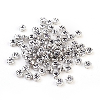Silver Color Plated Acrylic Horizontal Hole Letter Beads, Flat Round, Letter.N, 7x3.5mm, Hole: 1mm, about 28pcs/4g