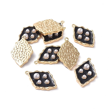 Enamel Pendants, with Brass Findings and Acrylic Pearl, Real 18K Gold Plated, Rhombus, Black, 19.5x12.3x4mm, Hole: 1mm