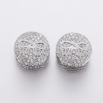 Brass Micro Pave Cubic Zirconia European Beads, Large Hole Beads, Flat Round with Word MUM, Clear, Platinum, 11.5x9mm, Hole: 4.5mm