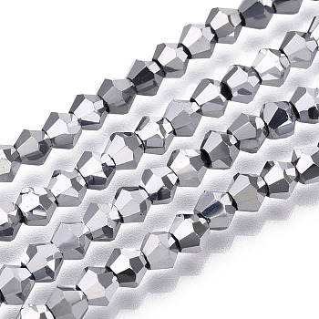 Electroplate Glass Bead Strands, Rainbow Plated, Faceted Bicone, Platinum Plated, 4x4.5mm, Hole: 1mm, about 92~96pcs/strand, 13.78~14.37 inch