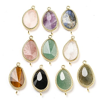 Natural Mixed Stone Faceted Teardrop Connector Charms, Rack Plating Golden Plated Brass Links, 27x14~15x4.5mm, Hole: 1.5mm