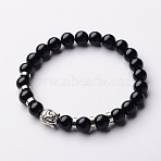 Buddha Head Gemstone Beaded Stretch Bracelets, with Tibetan Style Beads and Brass Beads, Black Stone, 55mm(X-BJEW-JB01864-06)