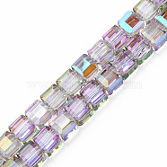Electroplate Transparent Glass Beads Strands, Faceted, Cube, Violet, 7x7x7mm, Hole: 1.4mm, about 100pcs/strand, 26.77 inch(68cm)(EGLA-N002-28-C05)