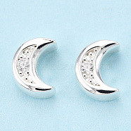 Brass Micro Pave Cubic Zirconia Beads, Moon, 925 Sterling Silver Plated, 8x6x3.8mm, Hole: 1mm(FIND-Z035-16S)