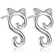 Rhodium Plated 925 Sterling Silver Cute Cat Stud Earrings for Women, Platinum, 17x10mm, Pin: 1mm(JE934A)