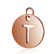 304 Stainless Steel Charms, Flat Round with Letter, Rose Gold, Letter.T, 12x1mm, Hole: 2.5mm(STAS-S105-T514R-T)