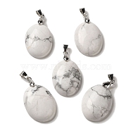 Natural Howlite Pendants, Oval Charms with Rack Plating Platinum Plated Brass Snap on Bails, 30x21.5~22x6~6.5mm, Hole: 6x4mm(G-Z055-03P-26)