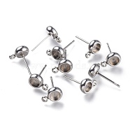 304 Stainless Steel Stud Earring Settings, with Loop, Flat Round, Stainless Steel Color, Flat Round: 9x6.3mm, Hole: 1.8mm, Pin: 0.8mm, Tray: 4mm(STAS-I161-01A-P)