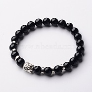 Buddha Head Gemstone Beaded Stretch Bracelets, with Tibetan Style Beads and Brass Beads, Black Stone, 55mm(X-BJEW-JB01864-06)
