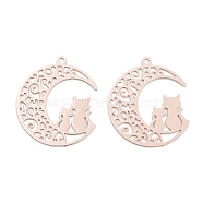 Long-Lasting Plated Brass Pendants, Cat with Moon, Rose Gold, 21x19x0.3mm, Hole: 1mm(KK-K336-49RG)