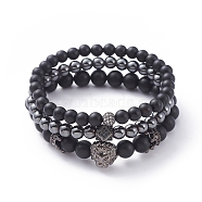 Unisex Stretch Bracelets Sets, Stackable Bracelets, with Natural Black Agate(Dyed) Beads, Non-Magnetic Synthetic Hematite Beads, Brass Cubic Zirconia Beads and Alloy Beads, with Cardboard Packing Box, Lion Head & Crown & Round, Black, 2-1/4 inch(5.6cm), 3pcs/set(BJEW-JB04842)
