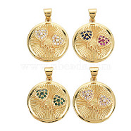 Brass Micro Pave Cubic Zirconia Pendants, Cadmium Free & Nickel Free & Lead Free, Real 16K Gold Plated, Flat Round with Heart, Mixed Color, 22x20x3.5mm, Hole: 3x5mm(KK-Q283-043-NR)