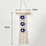Handmade Macrame Cotton Thread Tassel Pendant Decoration, with Glass Turkey Evil Eye and Wood Bar, for Car Wall Hanging Decoration, Floral White, 220x120mm(PW-WG64942-02)