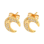 Brass Micro Pave Cubic Zirconia Ear Studs, Real 18K Gold Plated, Moon, 10x9mm(EJEW-P261-26A-G)