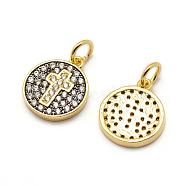 Brass Micro Pave AAA Cubic Zirconia Charms, Cadmium Free & Nickel Free & Lead Free, Flat Round with Cross, Real 18K Gold Plated, 13x11x2mm, Hole: 3mm(ZIRC-G100-11G-NR)