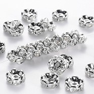 Brass Rhinestone Spacer Beads, Grade AAA, Wavy Edge, Nickel Free, Platinum Metal Color, Rondelle, Crystal, 8x3.8mm, Hole: 1.5mm(RB-A014-L8mm-01P-NF)